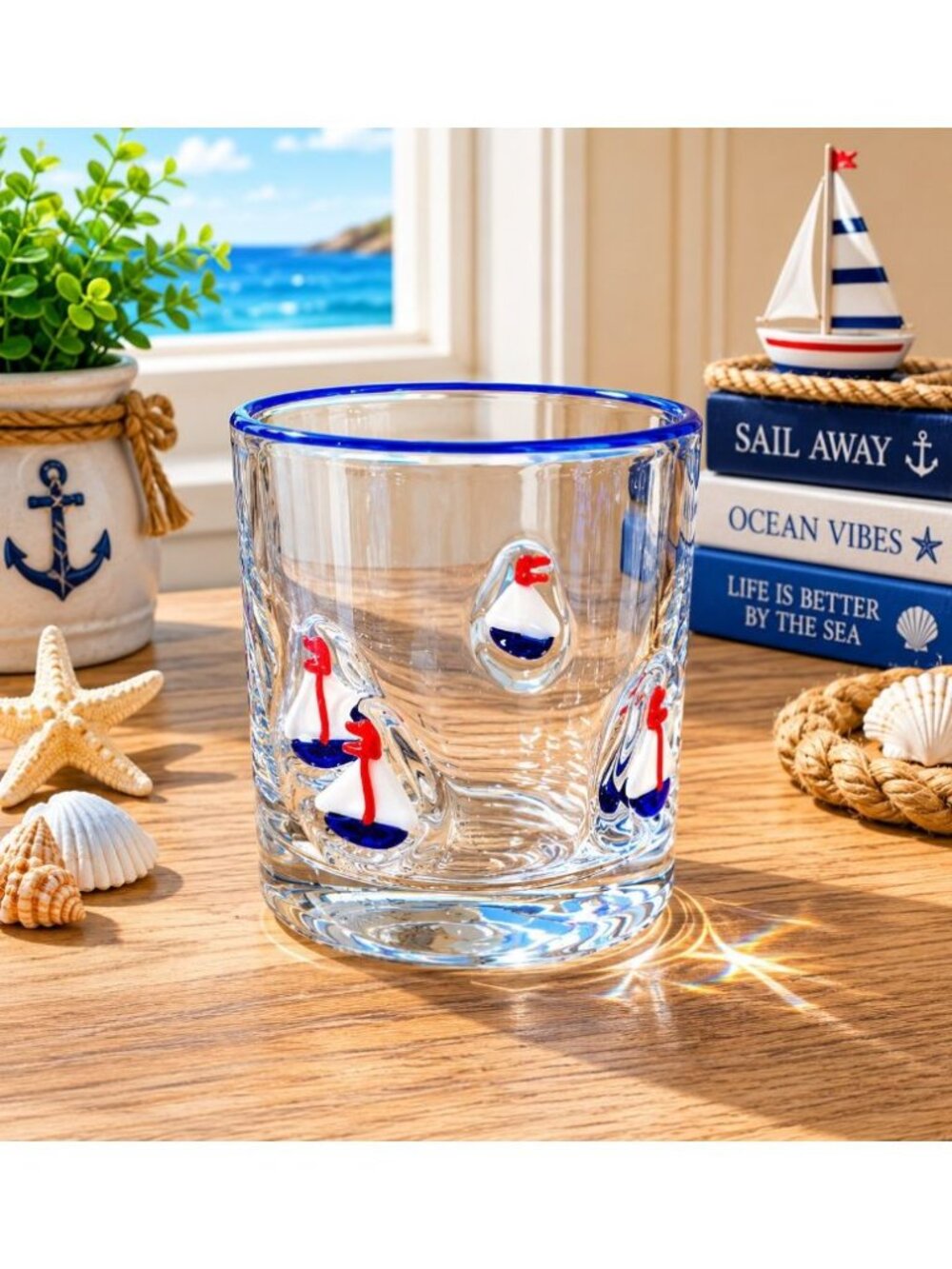 New Beach Nautical Red / Blue Sailboat Barware Beverage Glass Cup Tumbler